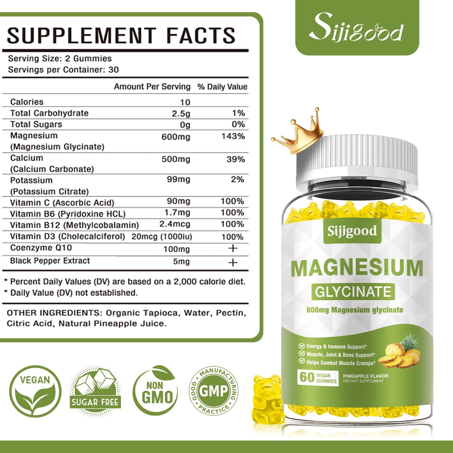 Magnesium Glycinate Gummies 600mg – Relaxation & Sleep Support (Sugar-Free, Pineapple)