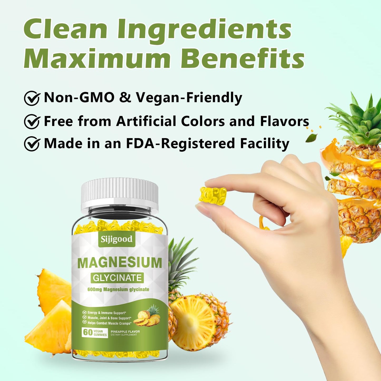 Magnesium Glycinate Gummies 600mg – Relaxation & Sleep Support (Sugar-Free, Pineapple)