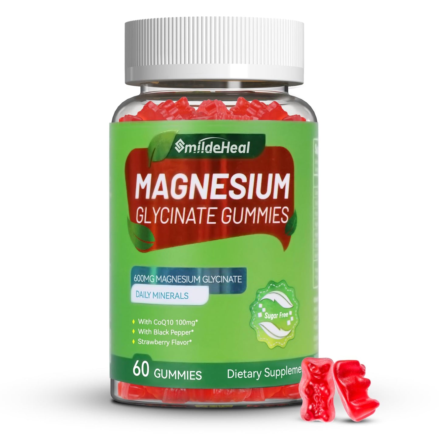Magnesium Glycinate Gummies 600mg + L-Threonate 300mg, CoQ10, Black Pepper – Vegan (60 Count) | SmildeHeal