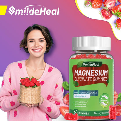 Magnesium Glycinate Gummies 600mg + L-Threonate 300mg, CoQ10, Black Pepper – Vegan (60 Count) | SmildeHeal