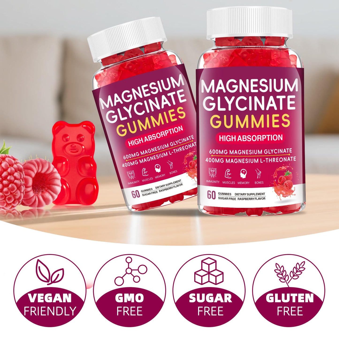 Magnesium Glycinate Gummies 600mg – High Absorption Magnesium for Women, Men & Kids, Sugar Free 60 Count
