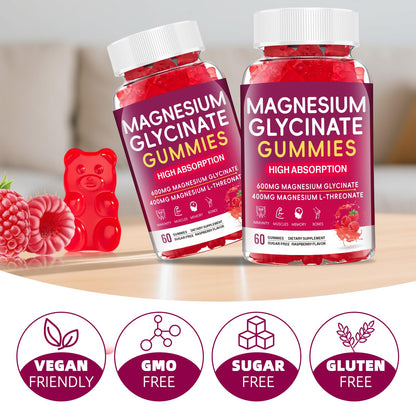 Magnesium Glycinate Gummies 600mg – High Absorption Magnesium for Women, Men & Kids, Sugar Free 60 Count