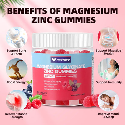 90 CT Magnesium Glycinate Gummies 600mg – Sugar Free, Zinc, D3 & K2 for Sleep & Bone Health