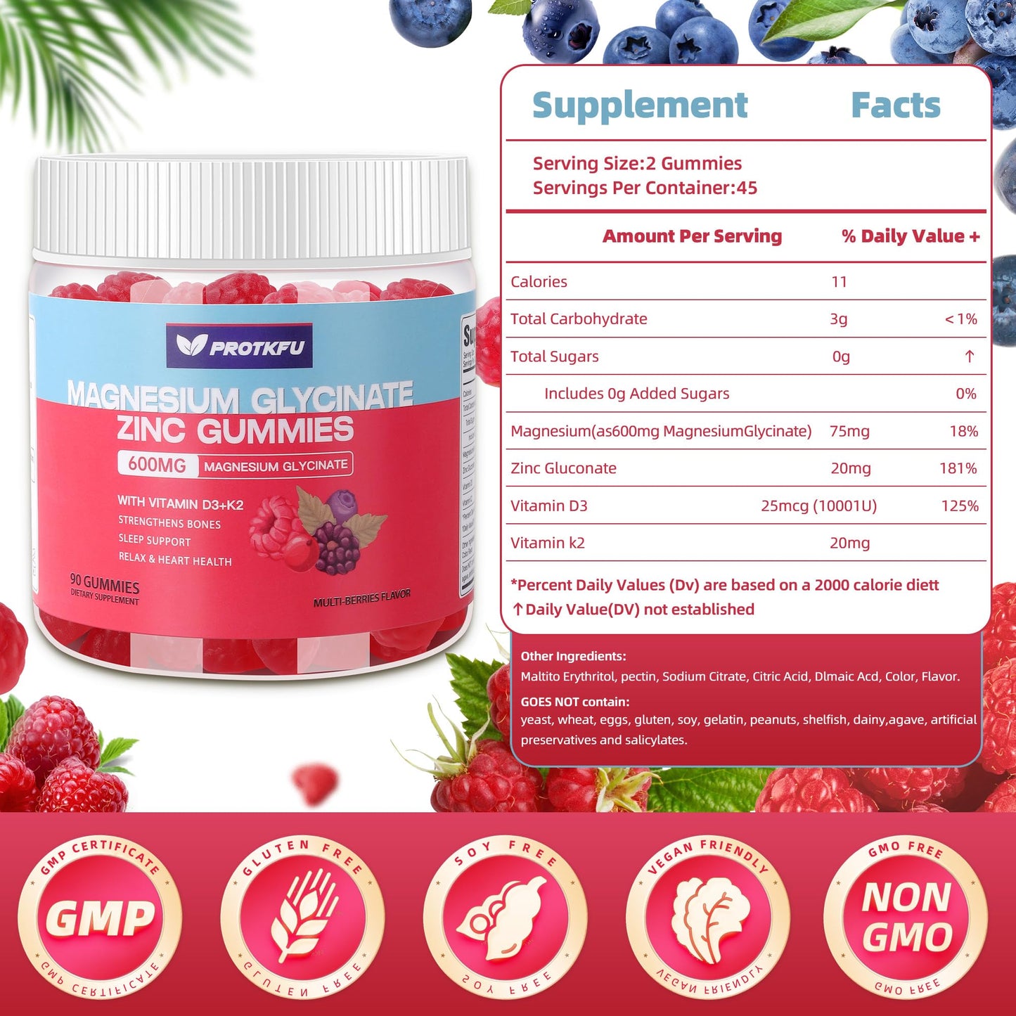 90 CT Magnesium Glycinate Gummies 600mg – Sugar Free, Zinc, D3 & K2 for Sleep & Bone Health