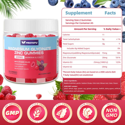 90 CT Magnesium Glycinate Gummies 600mg – Sugar Free, Zinc, D3 & K2 for Sleep & Bone Health