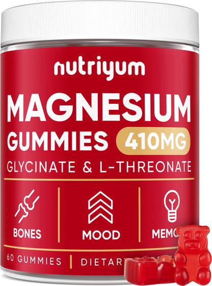 Magnesium Glycinate Gummies for Adults & Kids – 410mg Mg (L-Threonate) – 60 Pcs