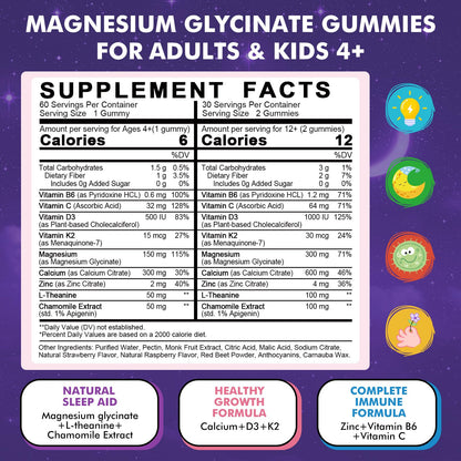 Magnesium Glycinate Gummies 60 Ct – Sleep & Calm Support for Kids 4+ & Adults, Sugar-Free Strawberry Flavor