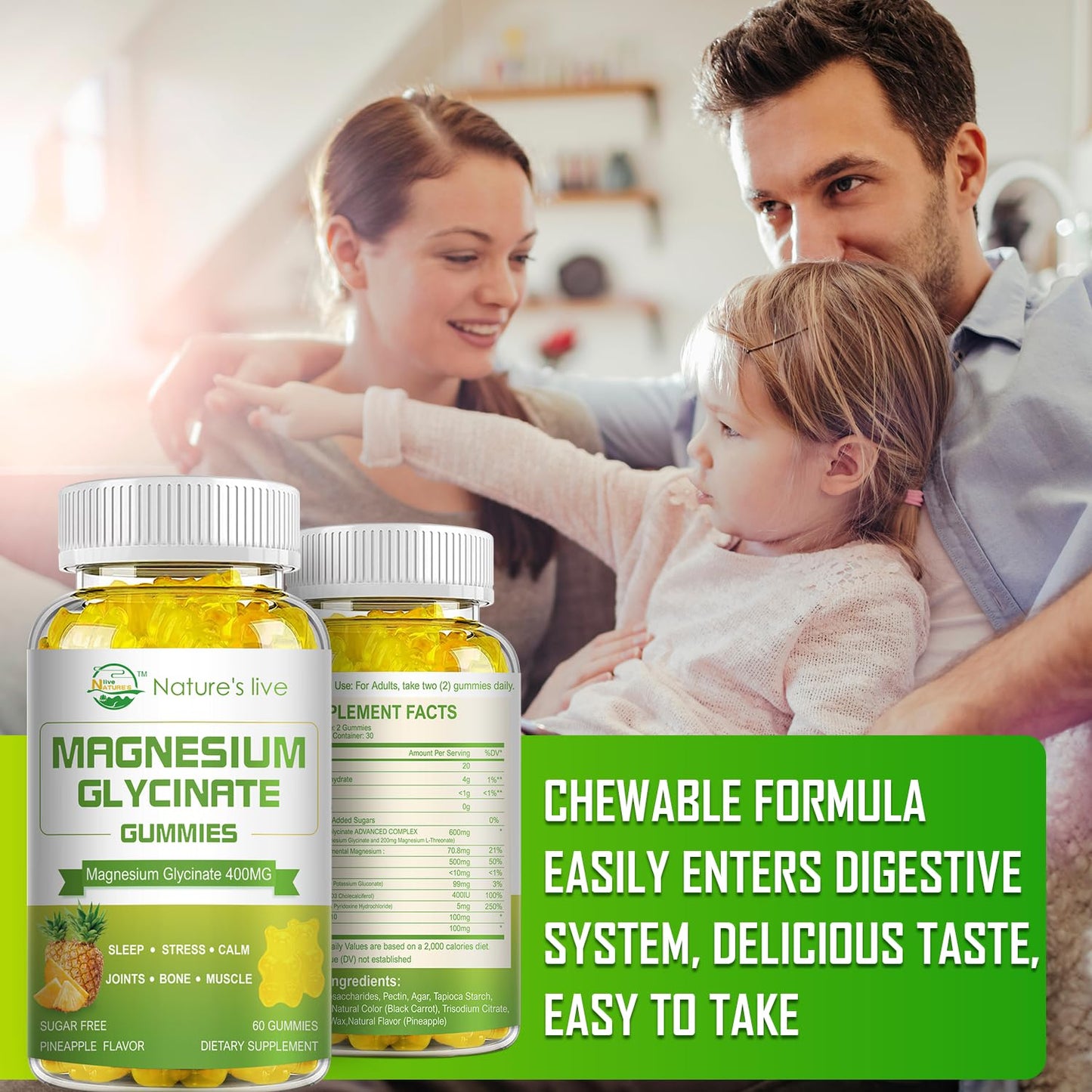 Magnesium Glycinate Gummies – Sugar-Free Magnesium Supplement with 400mg Glycinate + 200mg L-Threonate | 120 Pineapple Gummies