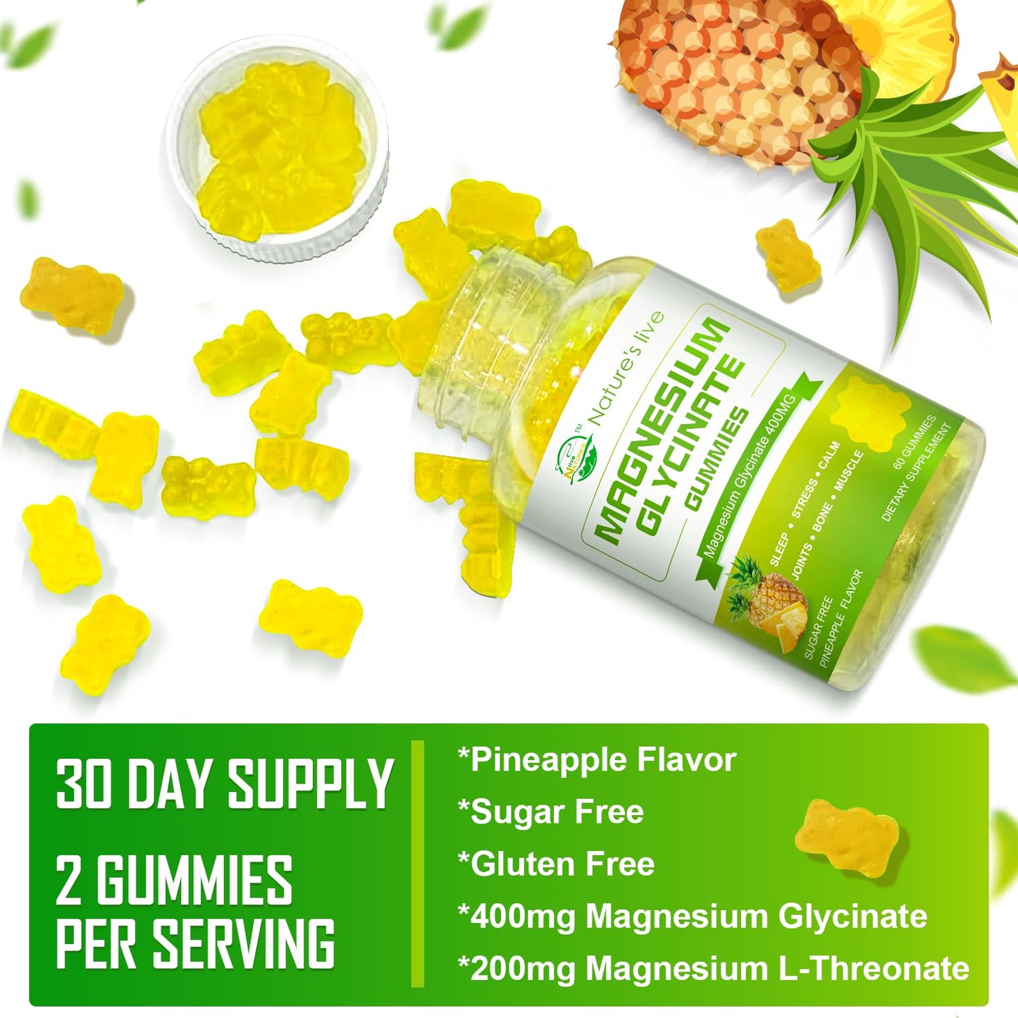 Magnesium Glycinate Gummies – Sugar-Free Magnesium Supplement with 400mg Glycinate + 200mg L-Threonate | 120 Pineapple Gummies
