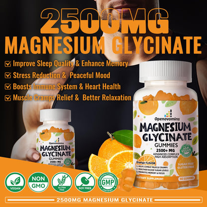 Magnesium Glycinate Gummies - Sugar Free Magnesium Potassium with Vitamin D, B6, CoQ10 for Calm Mood & Sleep Support - 90 Orange Gummies