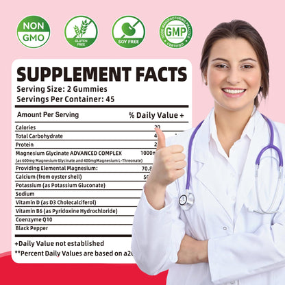 90 Ct Magnesium Glycinate Gummies 1000mg - Sugar Free Mood & Sleep Support