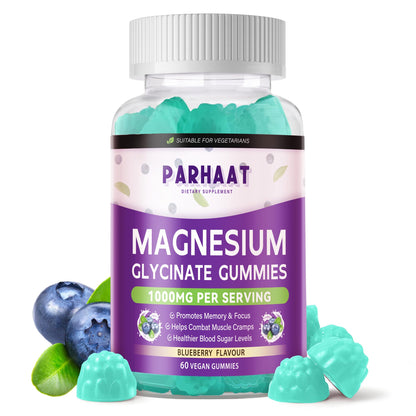 Magnesium Glycinate Gummies Sugar Free - Calm Mood & Sleep Support with Vitamin D, B6, CoQ10 - 60 Blueberry Chews