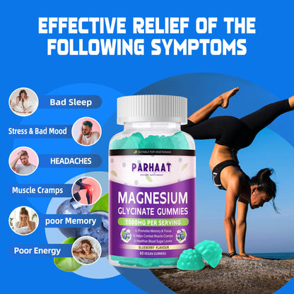 Magnesium Glycinate Gummies Sugar Free - Calm Mood & Sleep Support with Vitamin D, B6, CoQ10 - 60 Blueberry Chews