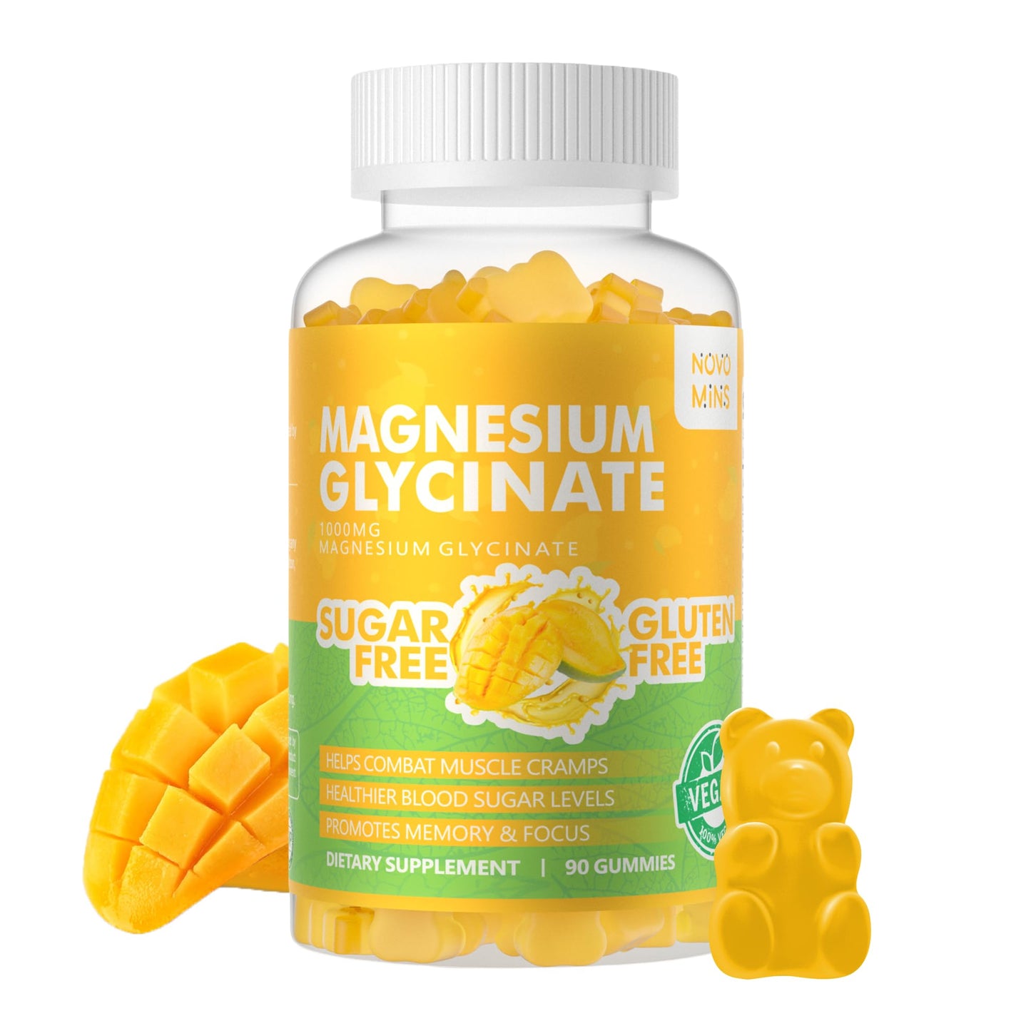 90 CT Magnesium Glycinate Gummies 1000mg - Sugar Free Magnesium Potassium Supplement with Vitamin D, B6, CoQ10 for Calm Mood & Sleep Support - 90 Mango Pineapple Gummies