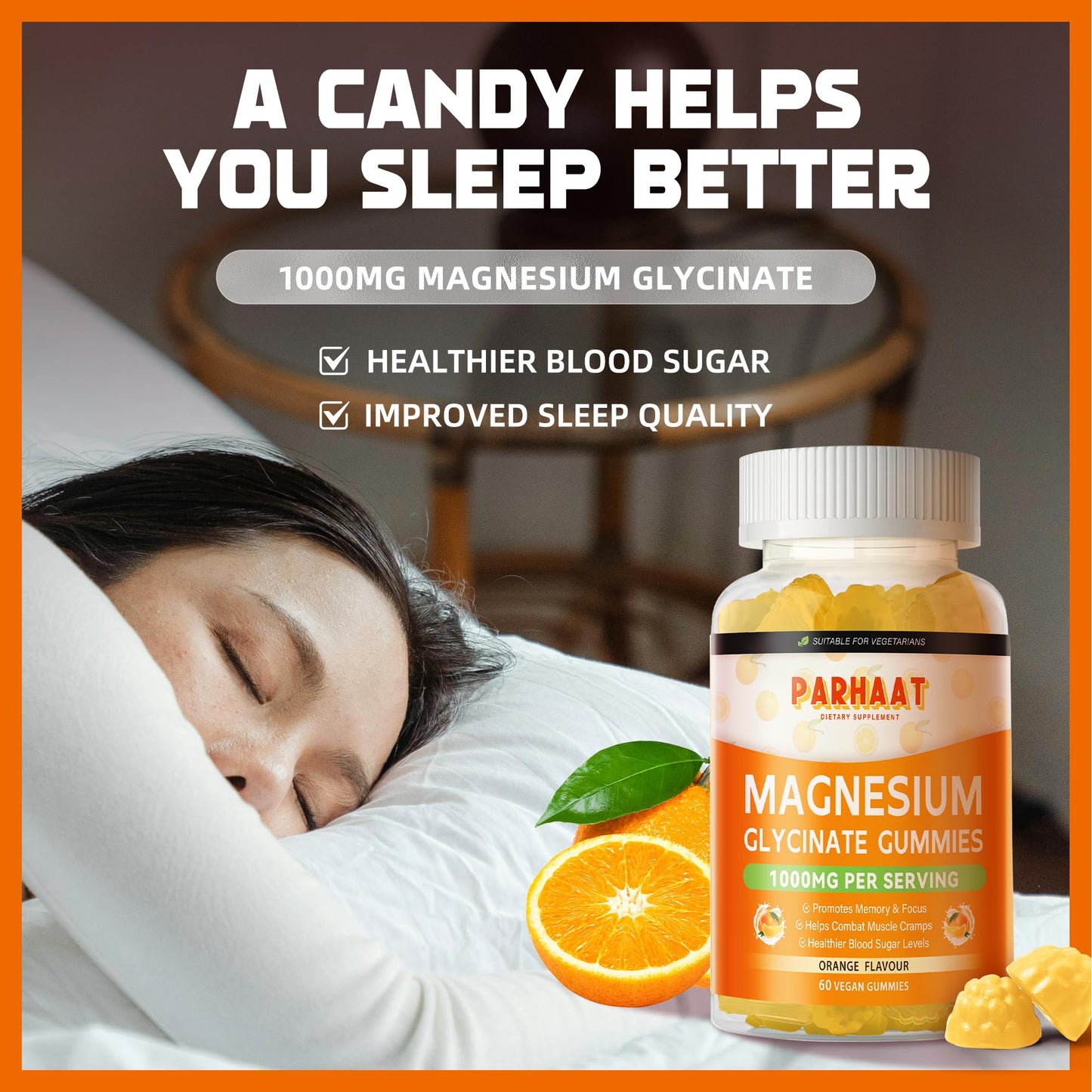 Magnesium Glycinate Gummies 1000mg | Sugar Free Magnesium Potassium with Vitamin D, B6, CoQ10 - 60 Orange Gummies