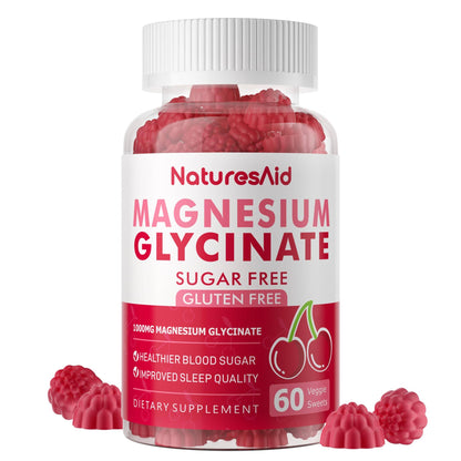 Magnesium Glycinate Gummies - Sugar Free, 60 Cherry Gummies | Vitamin D, B6, CoQ10
