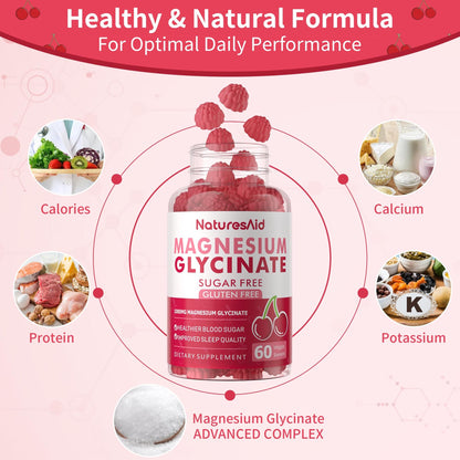 Magnesium Glycinate Gummies - Sugar Free, 60 Cherry Gummies | Vitamin D, B6, CoQ10