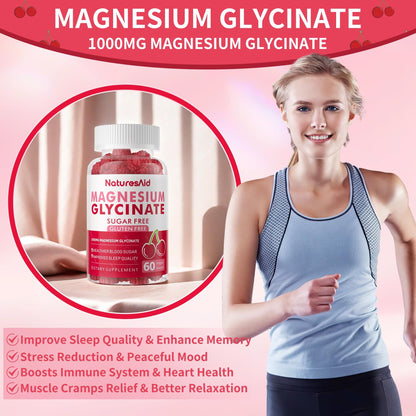 Magnesium Glycinate Gummies - Sugar Free, 60 Cherry Gummies | Vitamin D, B6, CoQ10