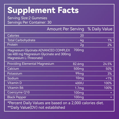 Magnesium Glycinate Gummies with Calcium, CoQ10, Potassium & Vitamins D & B6 – Sugar-Free, Vegan (60 Gummies)