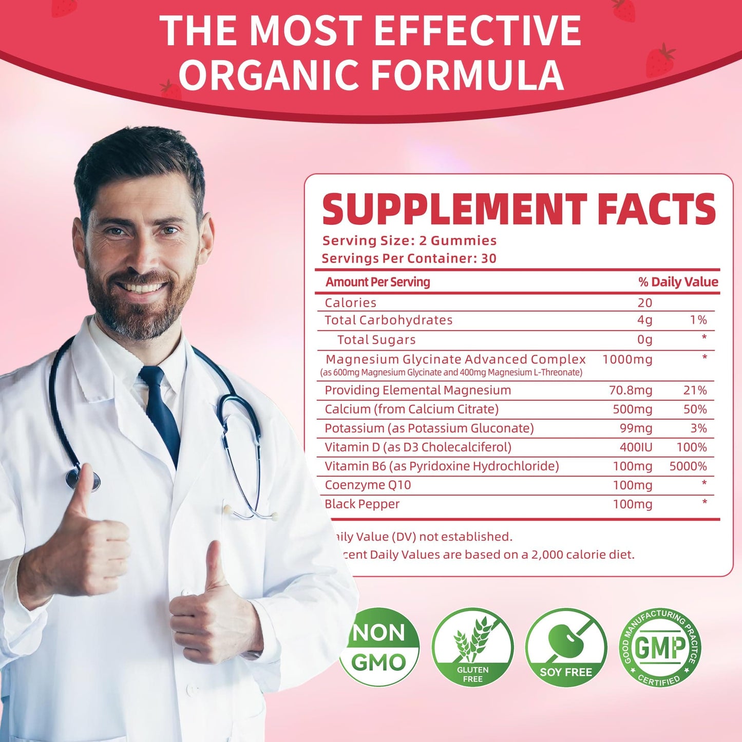 Magnesium Glycinate Gummies 1000mg - Sugar Free Calm Mood & Sleep Support (120 Strawberry Gummies) - 2 Pack