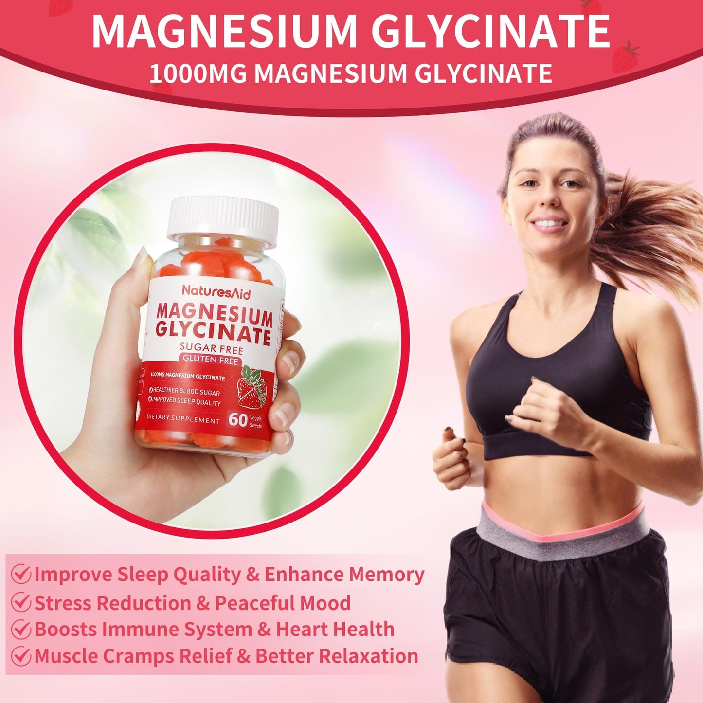 Magnesium Glycinate Gummies 1000mg - Sugar Free Calm Mood & Sleep Support (120 Strawberry Gummies) - 2 Pack