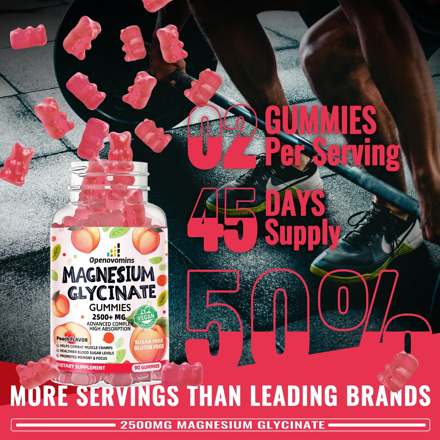 Magnesium Glycinate Gummies 2500mg - Sugar Free Magnesium Potassium with Vitamin D, B6, CoQ10 | 90 Peach Gummies
