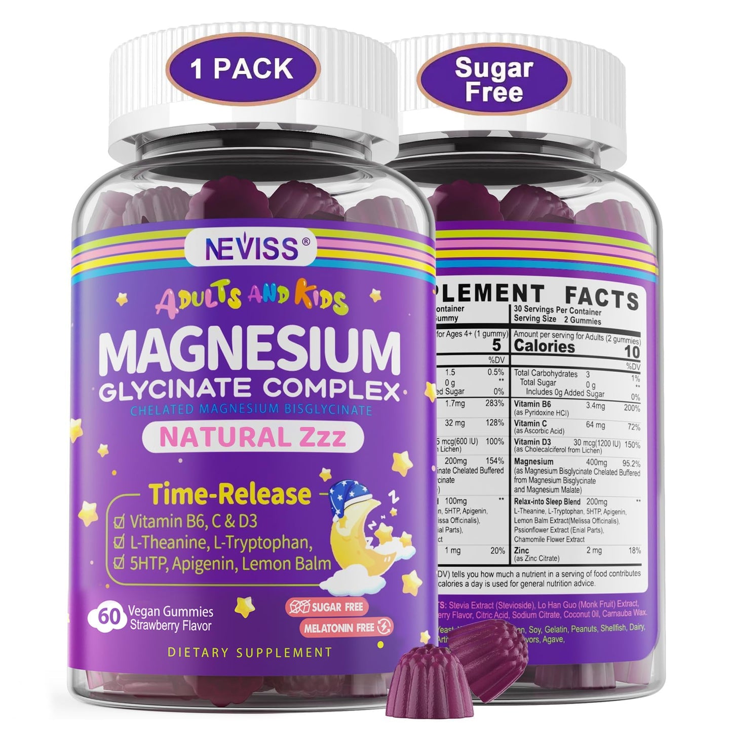 Magnesium Glycinate Gummies for Adults & Kids 4+ | Sugar Free, 400/200mg, B6 & D3, 5-HTP, L-Theanine