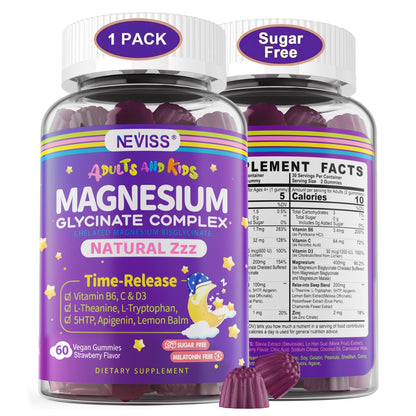 Magnesium Glycinate Gummies for Adults & Kids 4+ | Sugar Free, 400/200mg, B6 & D3, 5-HTP, L-Theanine