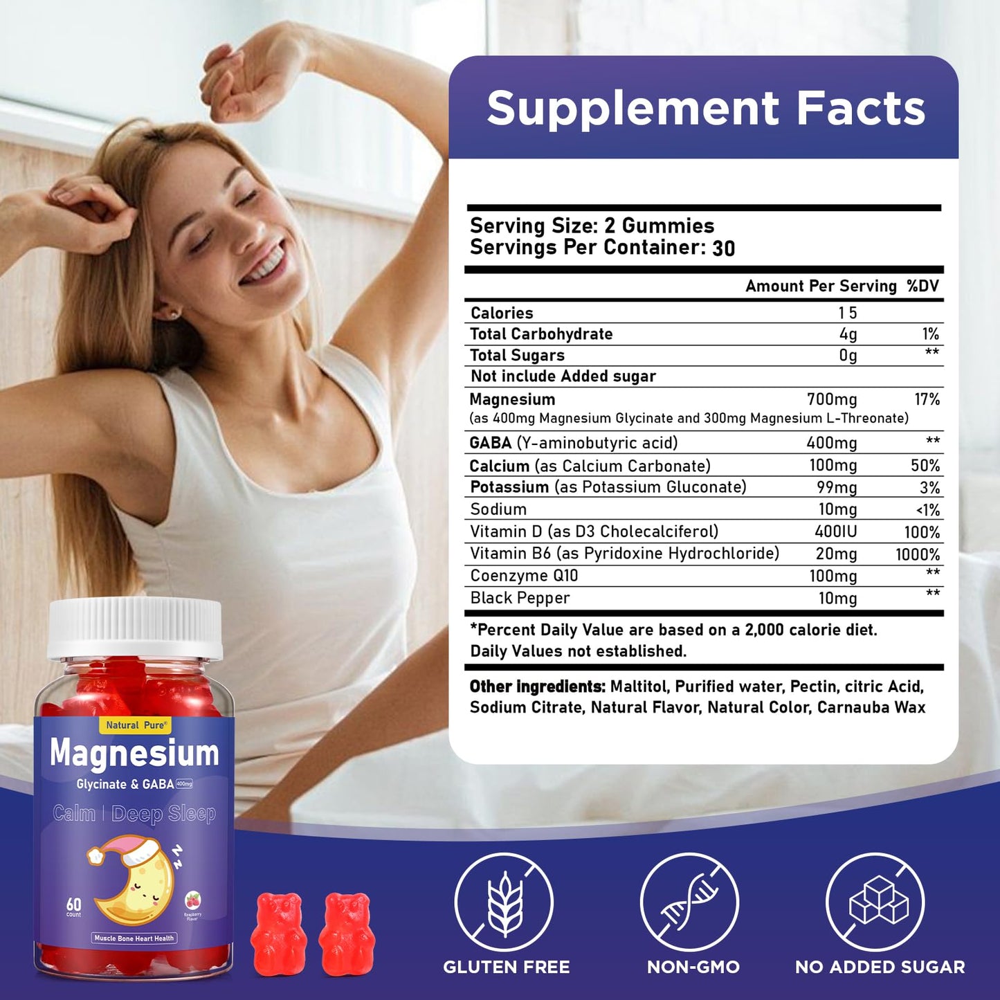 Magnesium Glycinate Gummies with GABA – Sleep Support (Sugar Free, 400mg) with Vitamin D, B6 & CoQ10