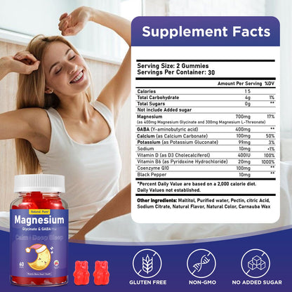 Magnesium Glycinate Gummies with GABA – Sleep Support (Sugar Free, 400mg) with Vitamin D, B6 & CoQ10