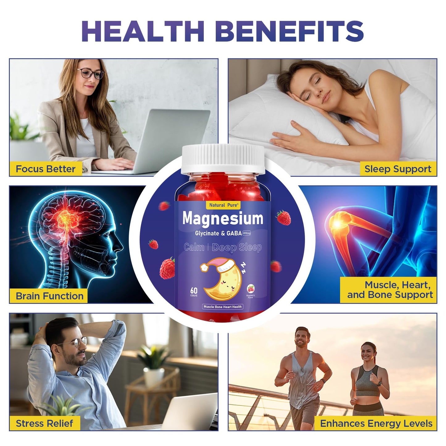 Magnesium Glycinate Gummies with GABA – Sleep Support (Sugar Free, 400mg) with Vitamin D, B6 & CoQ10