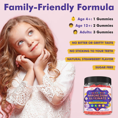 Magnesium Glycinate Gummies 60 Ct – Sleep & Calm Support for Kids 4+ & Adults, Sugar-Free Strawberry Flavor