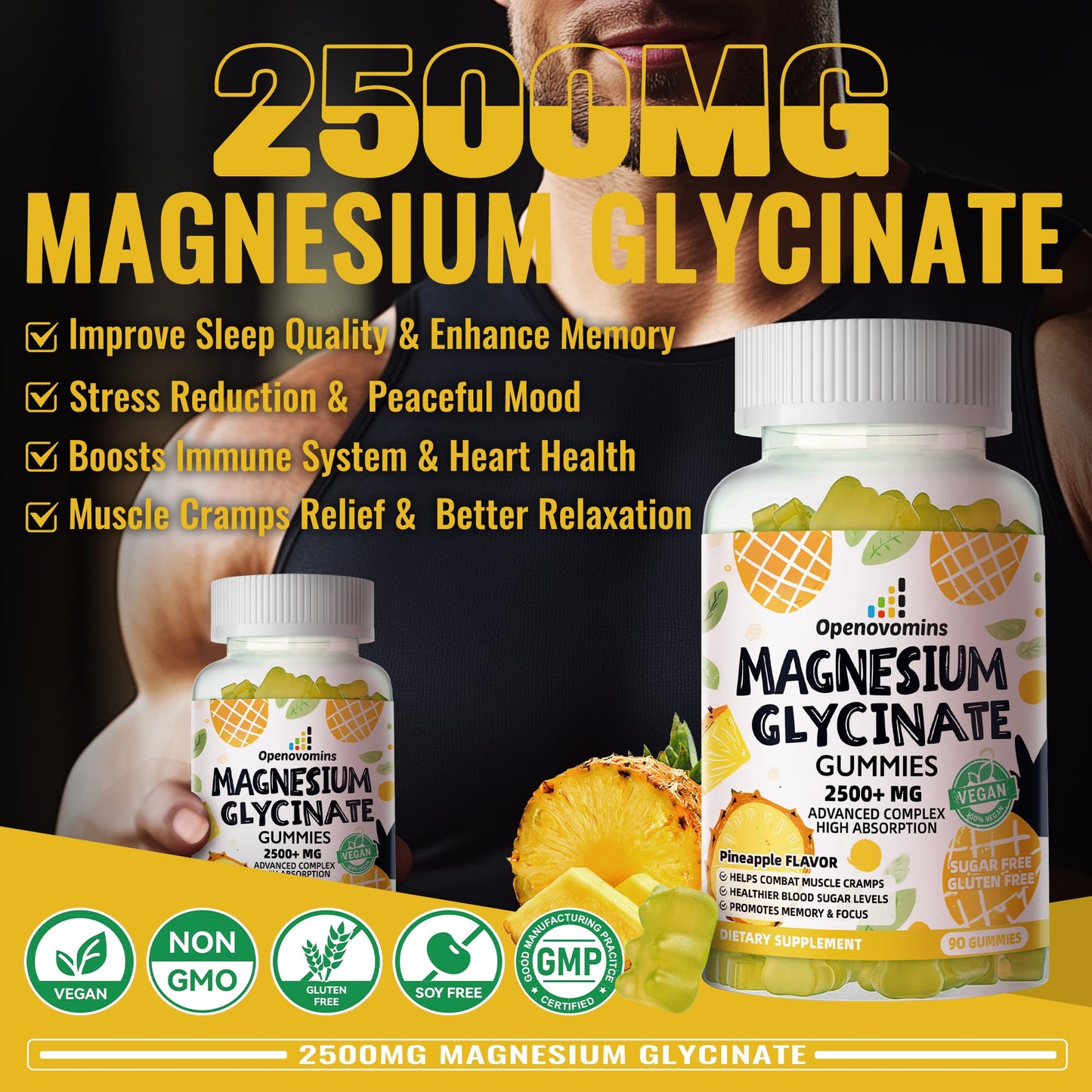 Magnesium Glycinate Gummies 2500mg – Sugar Free Calm Mood & Sleep Support (90 Pineapple Gummies)