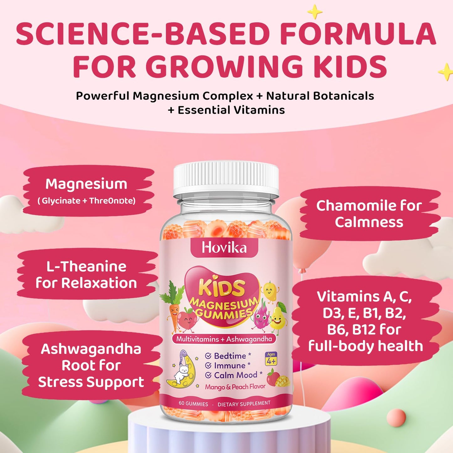 Magnesium Glycinate Gummies for Kids – Calm Sleep & Focus | L-Theanine, Chamomile & B Vitamins (Peach & Mango) 60 ct