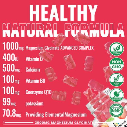 Magnesium Glycinate Gummies 2500mg - Sugar Free Magnesium Potassium with Vitamin D, B6, CoQ10 | 90 Peach Gummies