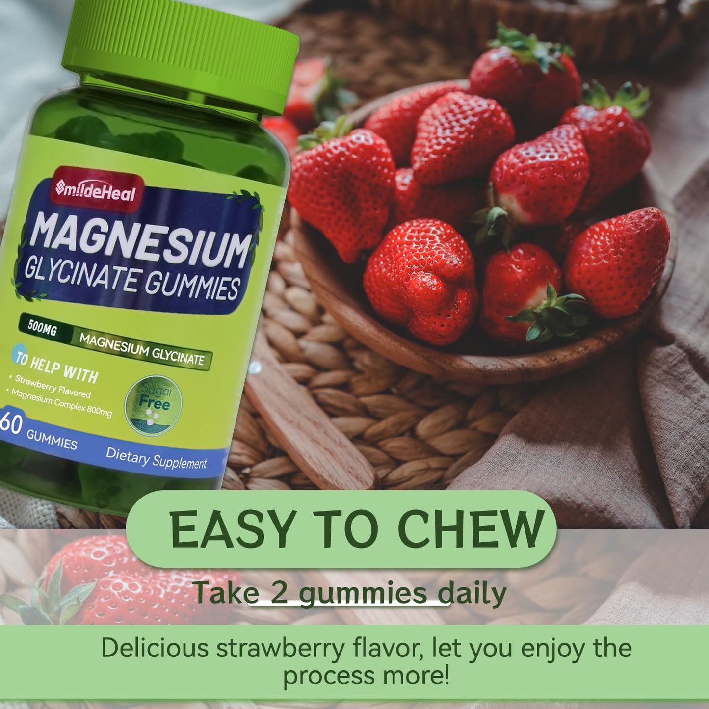 Magnesium Glycinate Gummies 500mg + L-Threonate 300mg – Sugar-Free Magnesium Potassium with Vitamin D, B6, CoQ10 | Strawberry 60 Gummies
