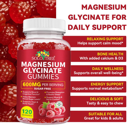Magnesium Glycinate Gummies with L-Threonate – 120 Count, 600 mg per Serving, Sugar Free, High Absorption