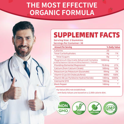 Magnesium Glycinate Gummies 1000mg – Sugar-Free Magnesium, Potassium with Vitamin D, B6, CoQ10 | 60 Strawberry Gummies