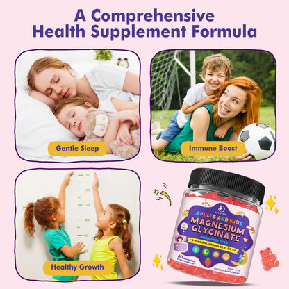 Magnesium Glycinate Gummies 60 Ct – Sleep & Calm Support for Kids 4+ & Adults, Sugar-Free Strawberry Flavor