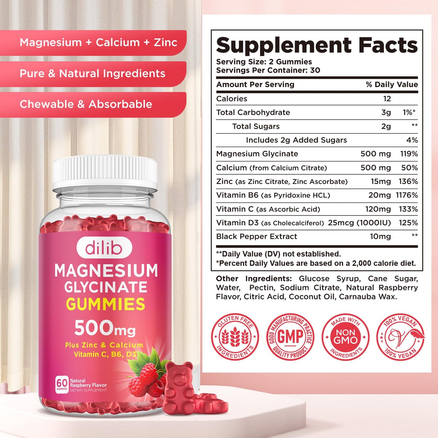 Magnesium Glycinate Gummies 500mg – Sleep, Mood & Muscle Support | Raspberry, 60 Gummies