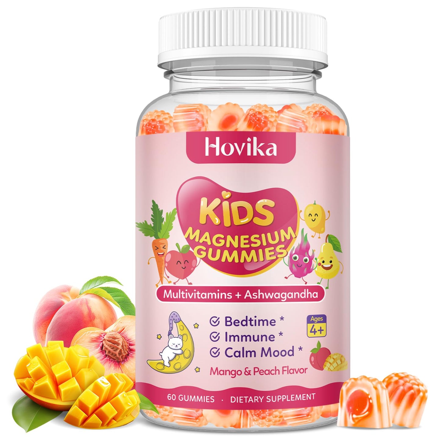 Magnesium Glycinate Gummies for Kids – Calm Sleep & Focus | L-Theanine, Chamomile & B Vitamins (Peach & Mango) 60 ct
