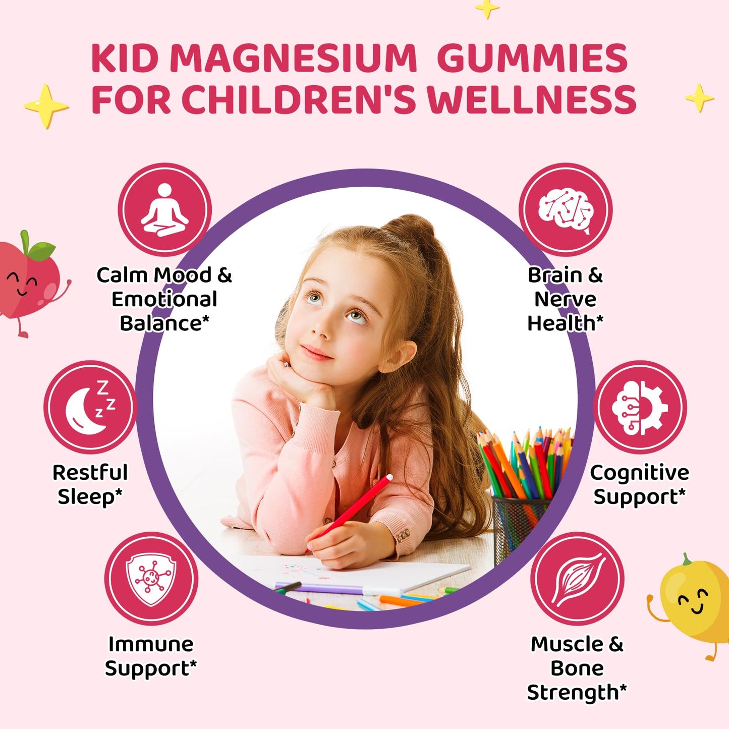 Magnesium Glycinate Gummies for Kids – Calm Sleep & Focus | L-Theanine, Chamomile & B Vitamins (Peach & Mango) 60 ct