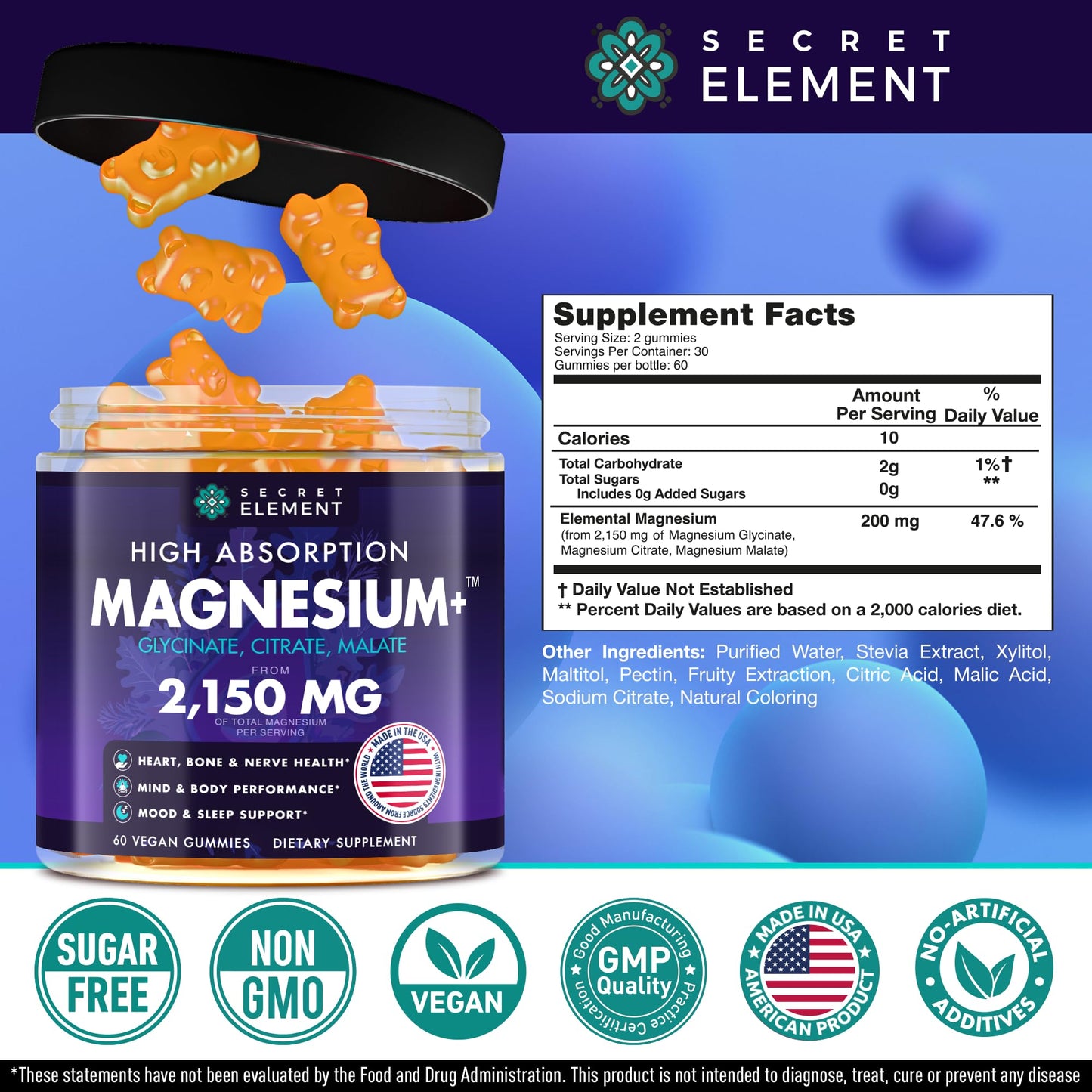 Magnesium Glycinate Gummies 2150MG – High Absorption, Sugar Free, Orange