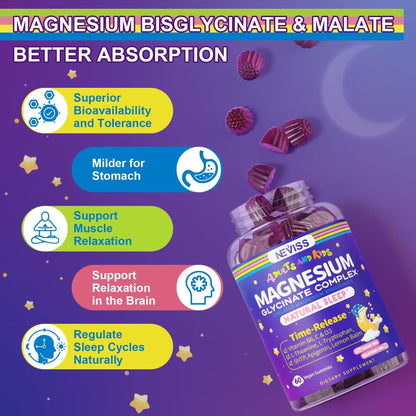 Magnesium Glycinate Gummies for Adults & Kids 4+ | Sugar Free, 400/200mg, B6 & D3, 5-HTP, L-Theanine