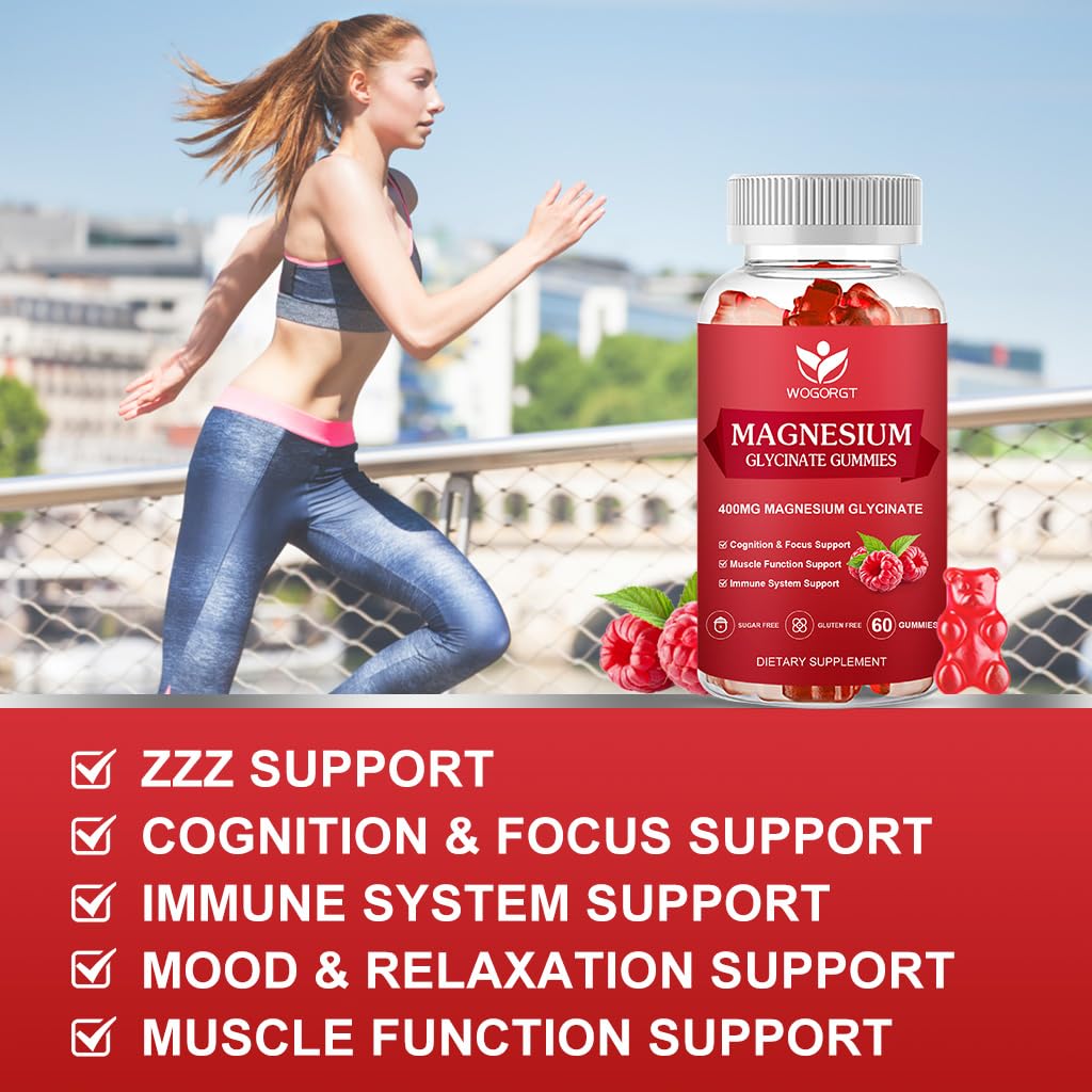 400mg Magnesium Glycinate Gummies with 200mg Magnesium Malate, Vitamin D, B6, and CoQ10 | Sugar Free Raspberry - 60 Gummies