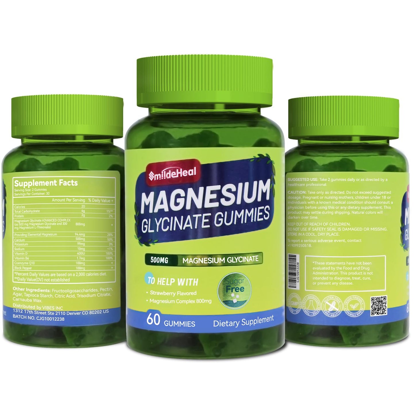 Magnesium Glycinate Gummies 500mg + L-Threonate 300mg – Sugar-Free Magnesium Potassium with Vitamin D, B6, CoQ10 | Strawberry 60 Gummies