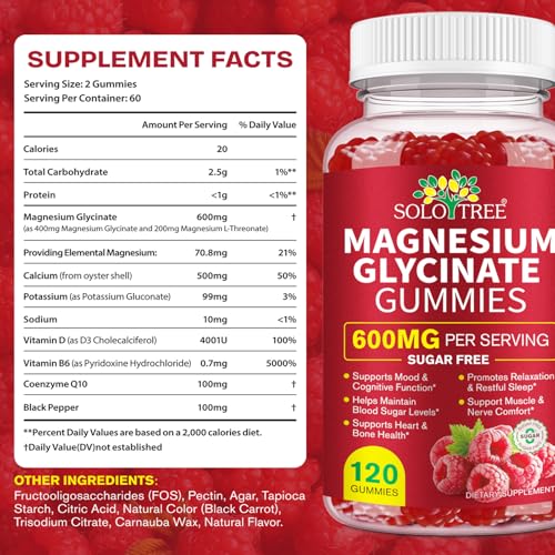 Magnesium Glycinate Gummies with L-Threonate – 120 Count, 600 mg per Serving, Sugar Free, High Absorption