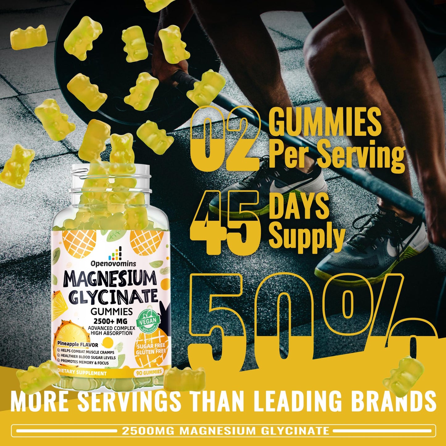 Magnesium Glycinate Gummies 2500mg – Sugar Free Calm Mood & Sleep Support (90 Pineapple Gummies)
