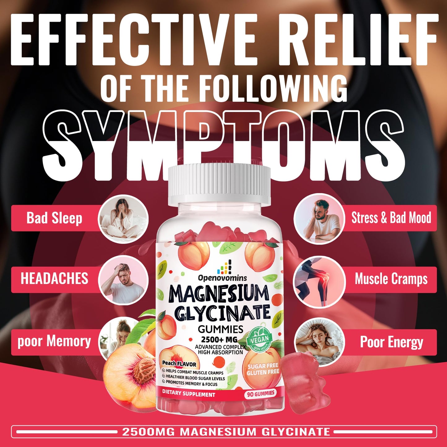 Magnesium Glycinate Gummies 2500mg - Sugar Free Magnesium Potassium with Vitamin D, B6, CoQ10 | 90 Peach Gummies