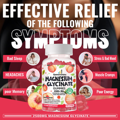 Magnesium Glycinate Gummies 2500mg - Sugar Free Magnesium Potassium with Vitamin D, B6, CoQ10 | 90 Peach Gummies